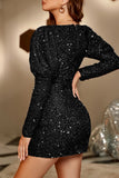 Sexy Patchwork Hollowed Out Sequins Square Collar Long Sleeve Dresses
