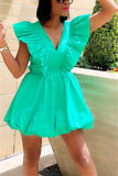 Plus Size Casual Sweet Solid Hollowed Out Flounce V Neck Bud