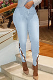 Casual Solid Hollowed Out Patchwork Chains High Waist Denim Jeans