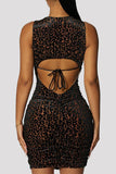 Fashion Sexy Print Leopard Bandage Hollowed Out O Neck Sleeveless Dress
