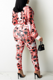 Sexy Print Split Joint Turndown Collar Long Sleeve Two Pieces