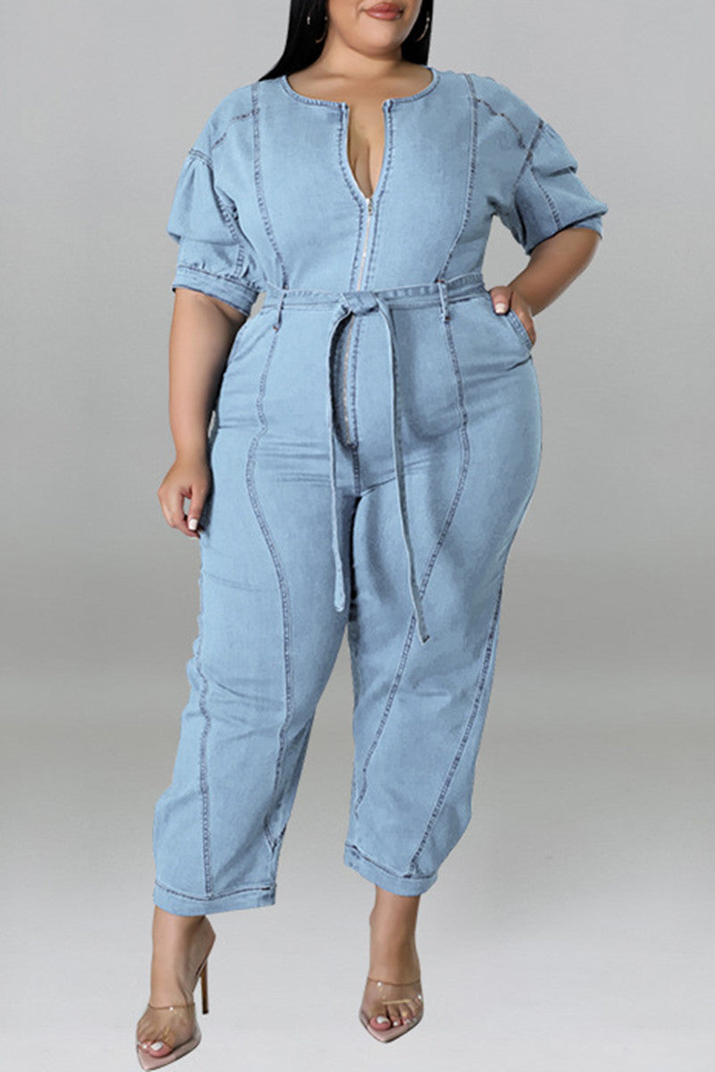 Casual Solid Patchwork With Belt Zipper Collar Plus Size Jumpsuits