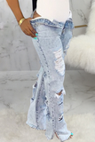 Casual Patchwork Ripped Mid Waist Boot Cut Denim Jeans