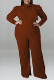 Casual Solid Patchwork With Bow O Neck Plus Size Jumpsuits