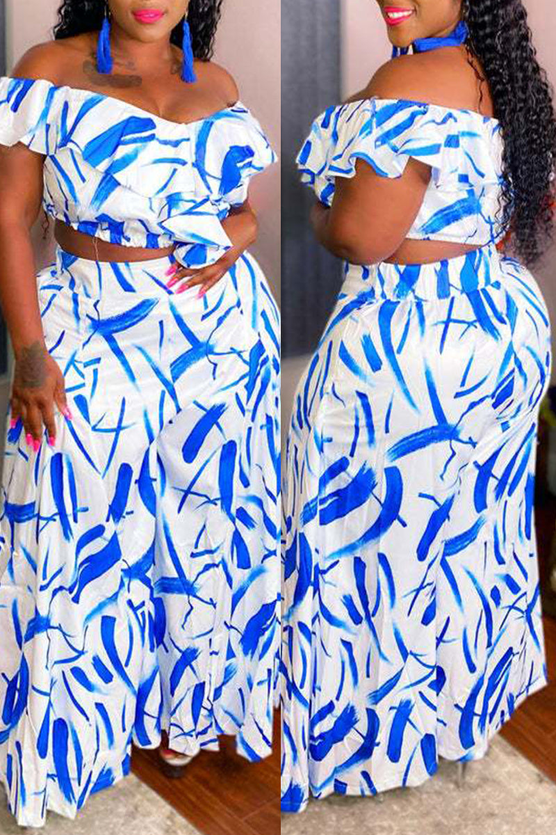Fashion Casual Print Backless Off the Shoulder Plus Size Two Pieces