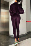 Fashion Casual Solid Cardigan Pants Zipper Collar Long Sleeve Two Pieces