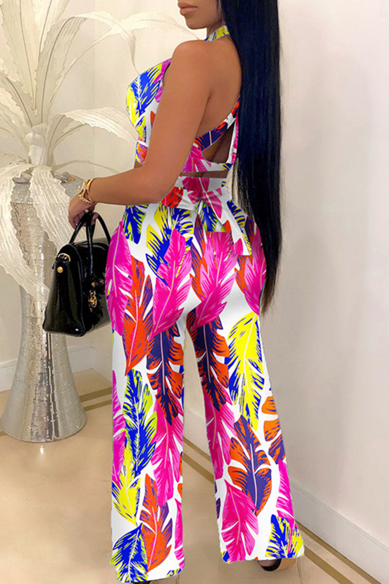 Sexy Print Bandage Split Joint Backless Halter Sleeveless Two Pieces