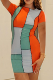 Sexy Color Block Split Joint O Neck Pencil Skirt Dresses