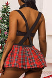 Sexy Living Plaid Print Hollowed Out See-through Backless Cosplay Lingerie