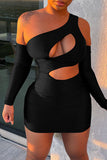 Fashion Sexy Solid Hollowed Out Backless One Shoulder Long Sleeve Dresses