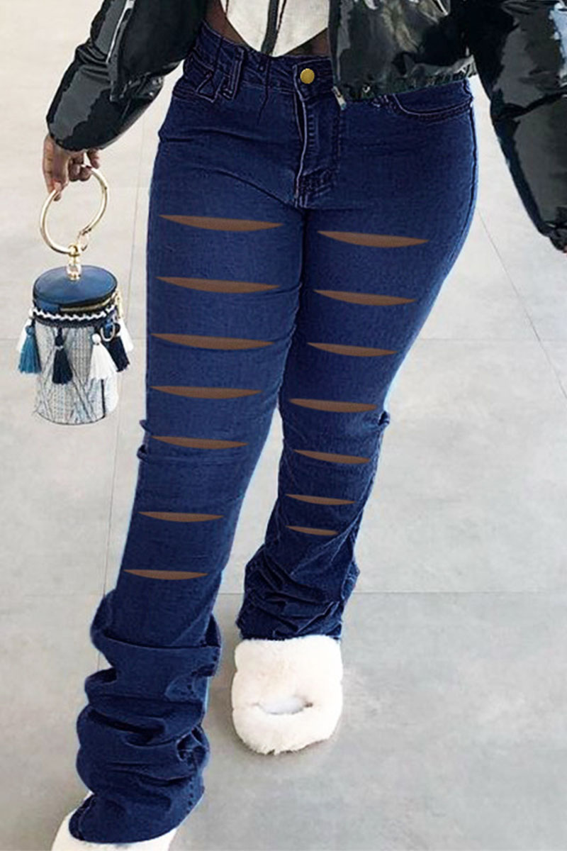 Street Solid Ripped Split Joint High Waist Boot Cut Denim Jeans