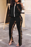 Fashion Casual Patchwork Print Hollowed Out Zipper Collar Long Sleeve Two Pieces