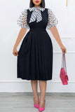 Fashion Casual Dot Patchwork With Bow Scarf Collar Pleated Dresses