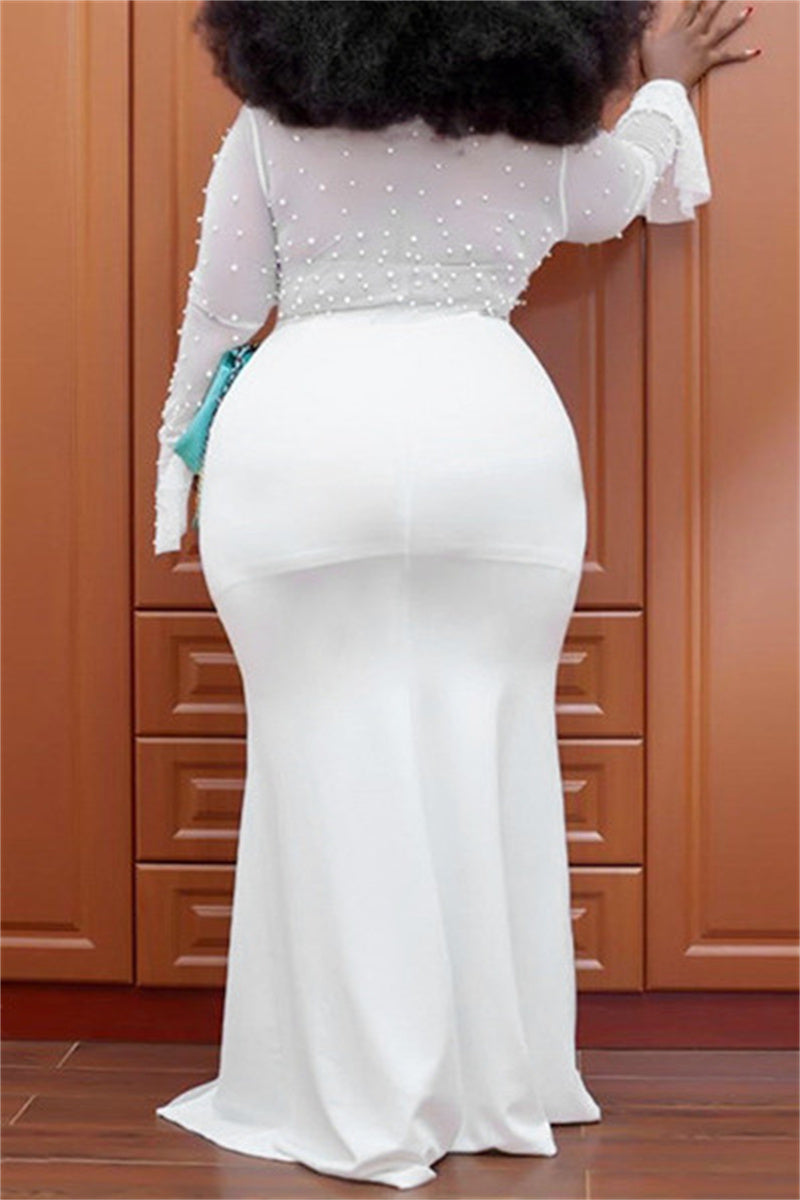 Fashion Casual Solid Split Joint Beading V Neck Long Sleeve Plus Size Dresses