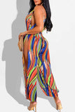 Sexy Print Hollowed Out Split Joint Slit O Neck Straight Jumpsuits