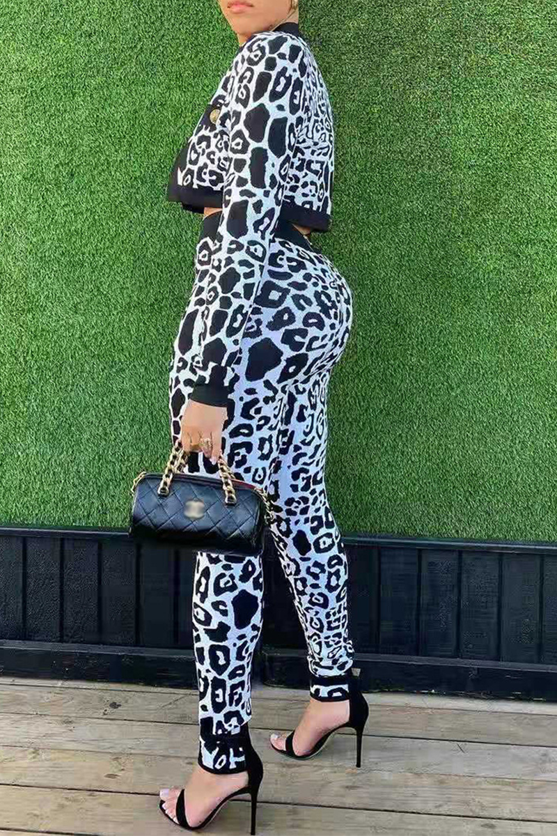 Sexy Leopard Split Joint O Neck Long Sleeve Three Pieces