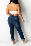 Casual Solid Buckle Mid Waist Straight Denim Jeans