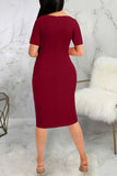 Casual Solid Split Joint Flounce O Neck One Step Skirt Dresses