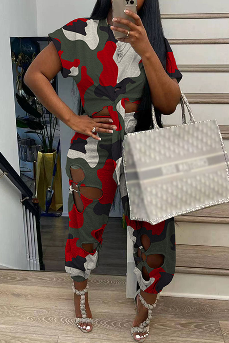 Casual Camouflage Print Hollowed Out O Neck Plus Size Two Pieces