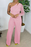 Casual Elegant Solid Patchwork Asymmetrical Oblique Collar Straight Jumpsuits
