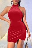 Fashion Sexy Solid Split Joint Backless Halter Sleeveless Dress
