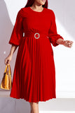 Casual Elegant Solid Patchwork Fold With Belt O Neck Straight Dresses(Contain The Belt)