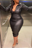 Fashion Sexy Plus Size Solid Split Joint Zipper Collar Long Sleeve Dresses