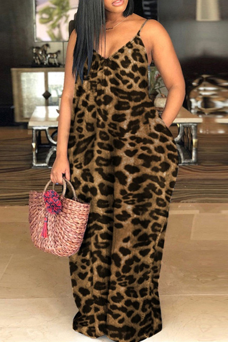 Sexy Casual Plus Size Leopard Printing Spaghetti Strap Long Dress