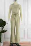 Elegant Solid Sequined With Belt O Neck Straight Jumpsuits