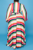 Casual Striped Split Joint V Neck Waist Skirt Plus Size Dresses