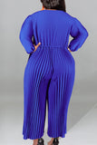 Plus Size Casual Solid Patchwork Draw String Zipper O Neck Plus Size Jumpsuits