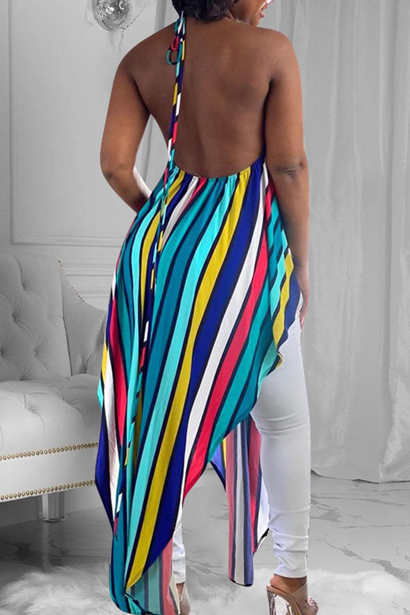 Sexy Striped Print Split Joint Backless Asymmetrical Halter Irregular Dress Dresses
