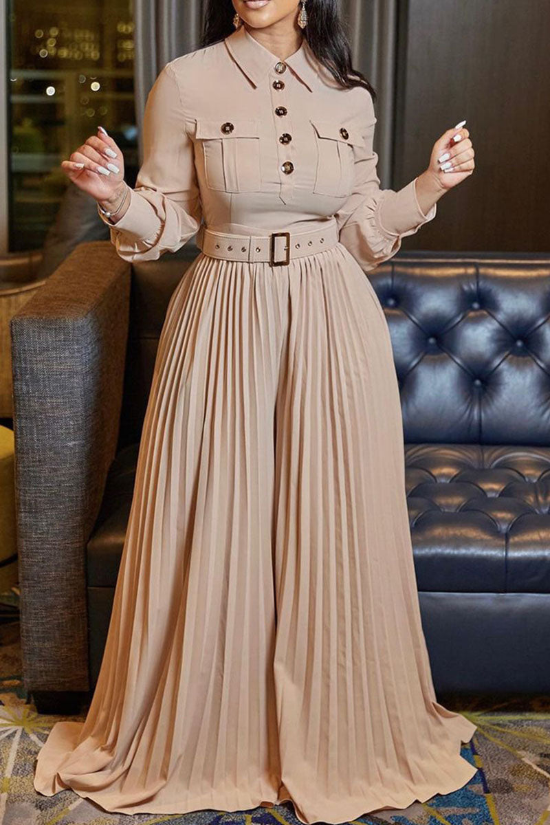 Casual Elegant Solid Patchwork Buttons Fold With Belt Turndown Collar Straight Jumpsuits