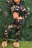 Casual Camouflage Print Split Joint Hooded Collar Long Sleeve Two Pieces
