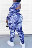 Casual Print Tie Dye Split Joint Backless O Neck Plus Size Two Pieces