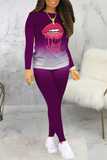 Casual Gradual Change Lips Printed Patchwork O Neck Long Sleeve Two Pieces