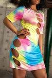 Casual Print Hollowed Out Split Joint O Neck Straight Dresses