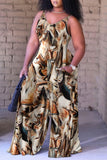 Casual Print Backless Spaghetti Strap Plus Size Jumpsuits