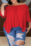 Casual Solid Split Joint Asymmetrical Off the Shoulder Plus Size Tops