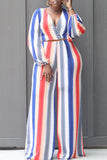 Fashion Casual Striped Print Split Joint V Neck Long Sleeve Two Pieces