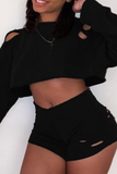 Casual Solid Ripped O Neck Long Sleeve Two Pieces