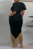 Fashion Sexy Patchwork Hot Drilling Tassel See-through O Neck Evening Dress
