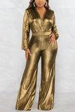 Sexy Party Solid Sequined V Neck Regular Jumpsuits