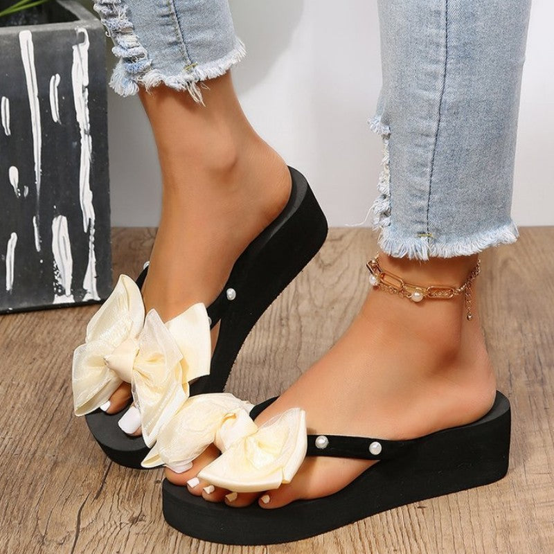 Casual Patchwork Beading With Bow Round Comfortable Wedges Shoes (Heel Height 1.97in)