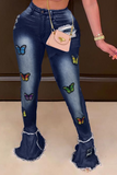 Casual Butterfly Print Patchwork Boot Cut Denim Jeans