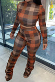 Casual Plaid Print Split Joint Fold Half A Turtleneck Long Sleeve Two Pieces