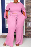 Casual Solid Slit O Neck Plus Size Two Pieces