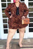 Casual Leopard Split Joint Turndown Collar Plus Size Two Pieces