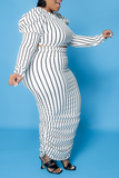 Casual Striped Split Joint O Neck Pencil Skirt Plus Size Two Pieces