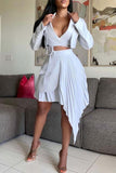 Fashion Patchwork Solid Bandage Asymmetrical V Neck Long Sleeve Two Pieces